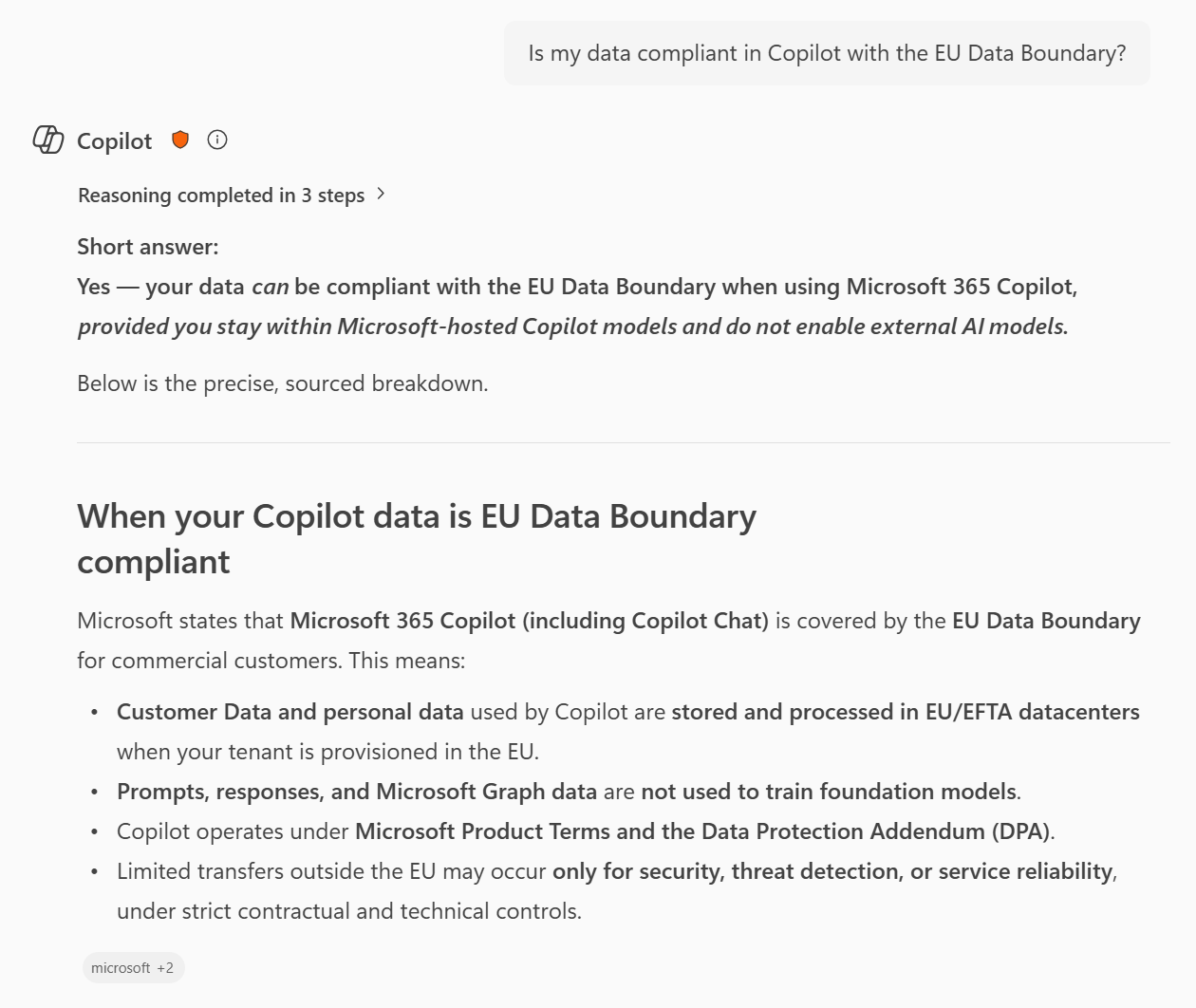 Text about Microsoft 365 Copilot's EU Data Boundary compliance. Key points: data storage, processing, and security practices explained.